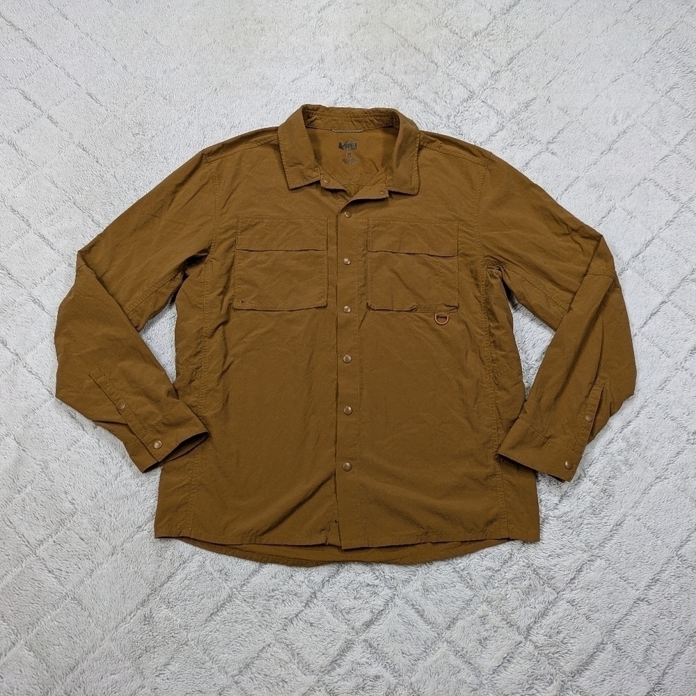 REI Shirt Men's M Brown Nylon Savannah Trails Long Sleeve Hiking Camp Vent Coop